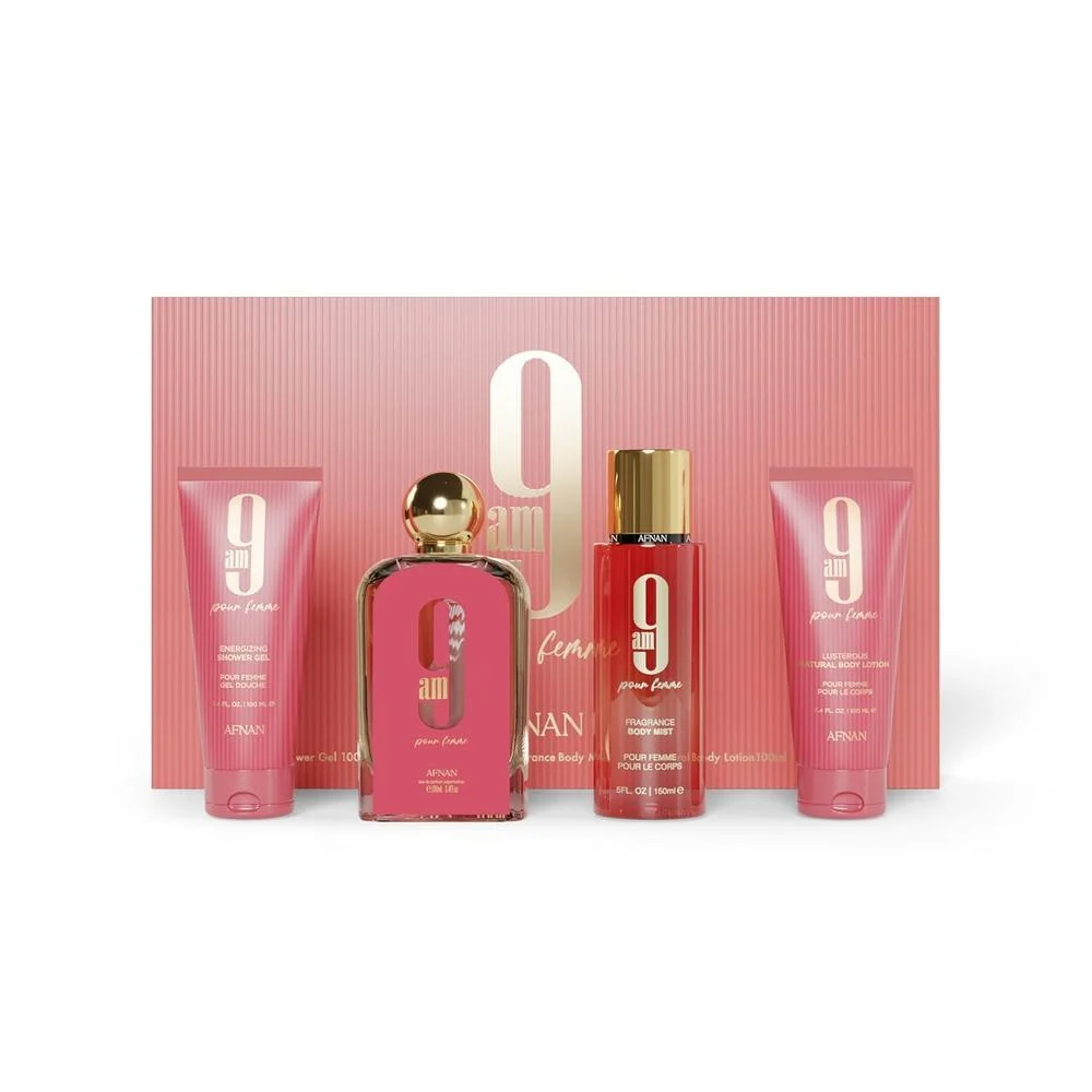 AFNAN 9 AM POUR FEMME – SET DE PERFUME Y CUIDADO CORPORAL 4 PZAS
